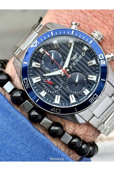 FERRO Brand Functions Active Steel Band,Silver Color,Navy Blue Dial Men's Wrist Watch+Bracelet