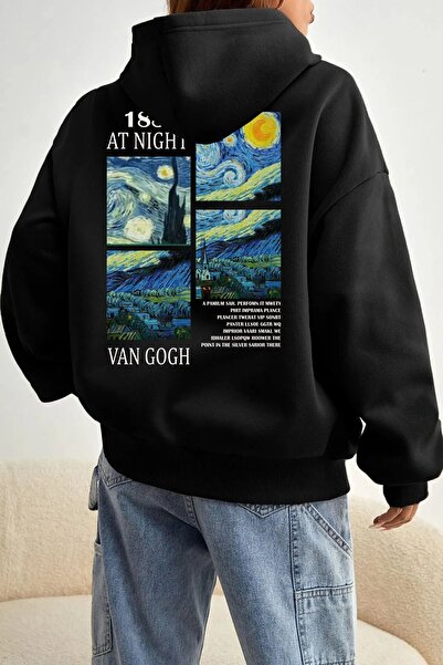 Marco Fresco Unisex 3Iplik Şardonlu Siyah Van Gogh Örme Kumaş Sweatshirt
