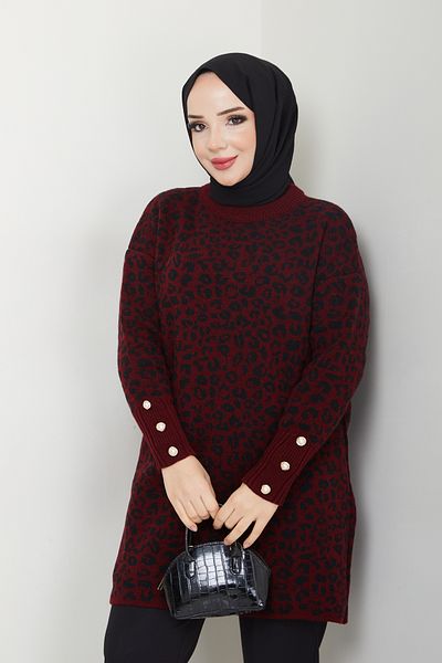 Pamuk Butik Дамски пуловер от плетена материя с леопардов шарка и копчета