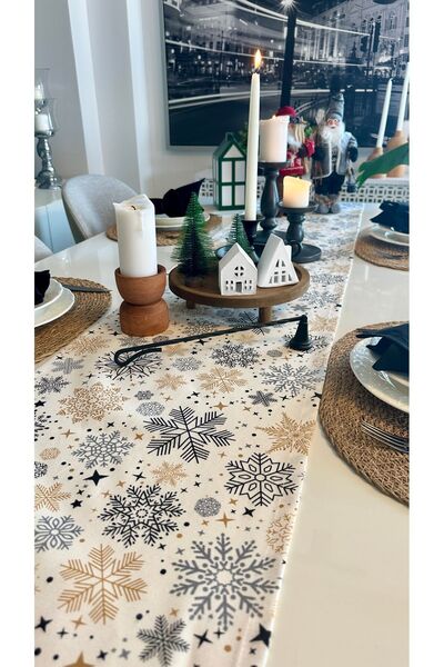 Decamor home New Year Themed Ecru Black Runner Christmas