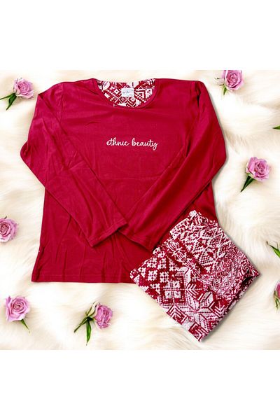 Mihra 14102-10 Claret Red Ethnic Snowflake Patterned Thermal Pajama Set