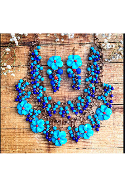 MODA El yapımı bakır tel sarma-fimo çiçekli kolye küpe