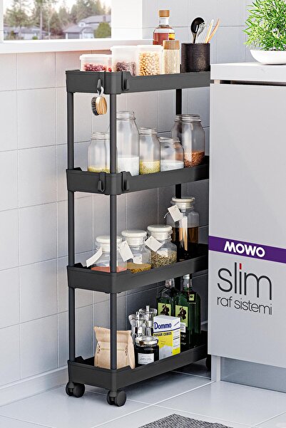 Mowo Home Slim 4 Katlı Tekerlekli Raf Ünitesi Siyah, Banyo Rafı, Mutfak Rafı, Banyo Düzenleyici