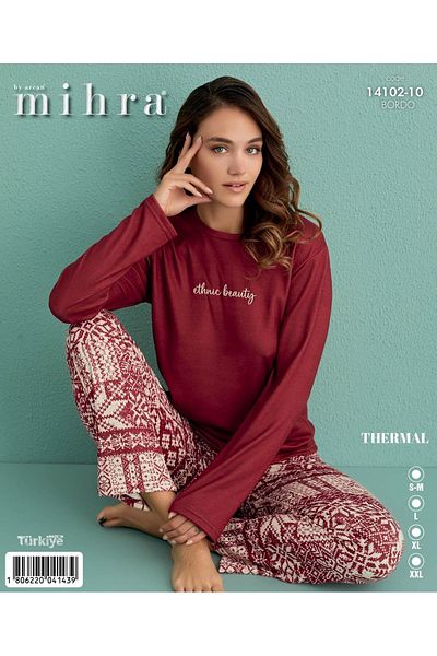 Mihra 14102-10 Claret Red Ethnic Snowflake Patterned Thermal Pajama Set