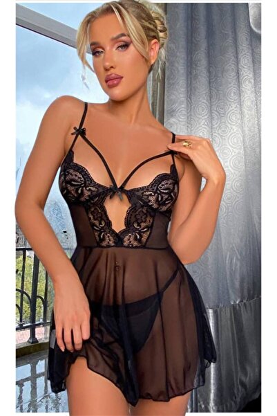 rasce Dantel İp Detaylı Özel Tasarım Siyah Babydoll