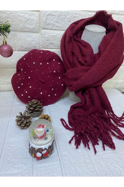 sema aksesuar New Year's New Year's Christmas Gift Burgundy Zircon Cubic Zirconia French Painter Beret and Large Tufted Scarf Set