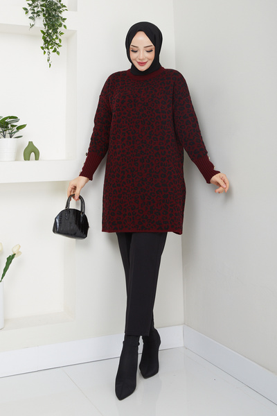 Pamuk Butik Women's Leopard Print Button Detailed Knitwear Sweater