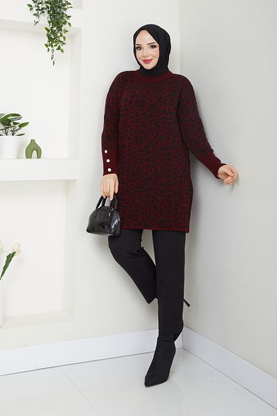 Pamuk Butik Дамски пуловер от плетена материя с леопардов шарка и копчета
