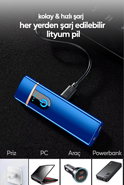 SULED Şarjlı Çakmak USB Şarjlı Pro Serisi Mavi Kamp Çakmağı Rüzgardan Etkilenmez