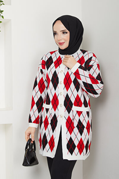 Pamuk Butik Women's Checkered Pocket Button Closure Knitwear Cardigan