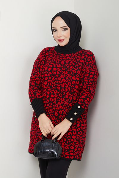 Pamuk Butik Pulover de damă cu model leopard, tricotaj cu detaliu cu nasturi