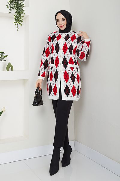 Pamuk Butik Women's Checkered Pocket Button Closure Knitwear Cardigan