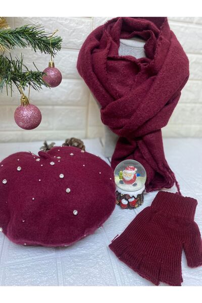 sema aksesuar Christmas Gift Burgundy Zircon Stone Beaded French Painter Beret, Tasseled Scarf, Fingerless Gloves