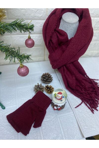 sema aksesuar New Year's New Year's Gift Burgundy Wide Tufted Scarf Shoulder Shawl with Fingerless Gloves Set of 2