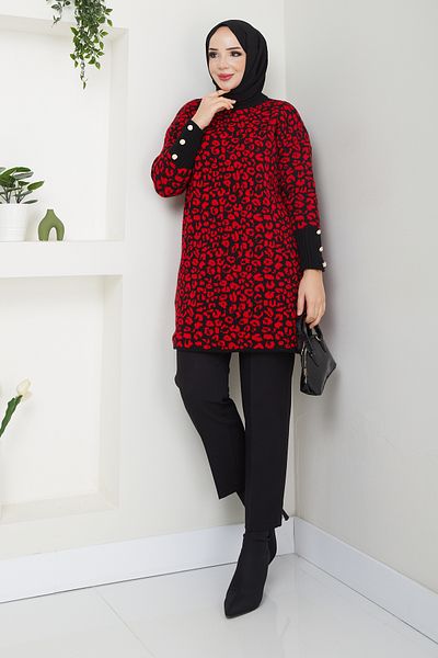 Pamuk Butik Pulover de damă cu model leopard, tricotaj cu detaliu cu nasturi