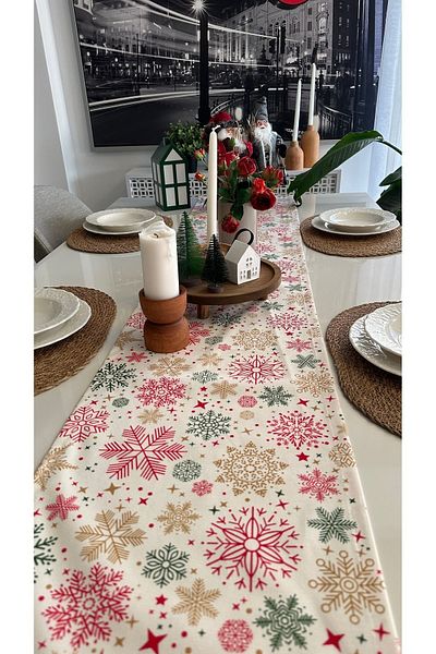 Decamor home New Year Themed Ecru Red Runner Christmas Table Christmas Runner