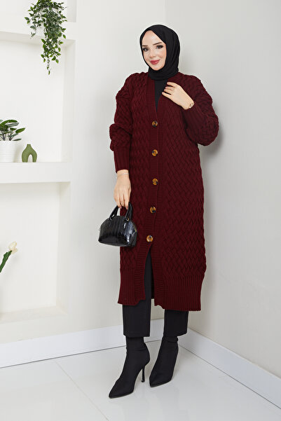 Pamuk Butik Women's Black Basket Knit Buttoned Full Length Knitwear Cardigan