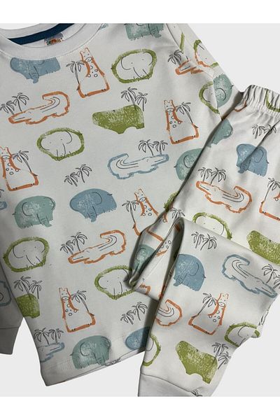 elmas kids Boy's 100% Cotton White Crocodile Elephant Giraffe Print Long Sleeve Pajamas Set