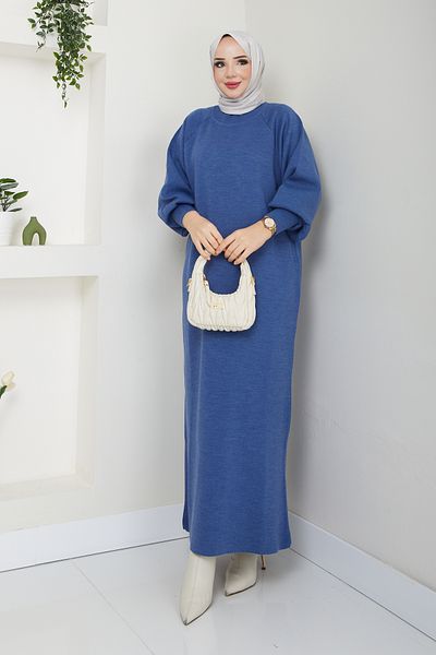 Pamuk Butik Γυναικείο Νυχτερινό Μπλε Πλεκτό Φόρεμα Μπαλόνι Μανίκι