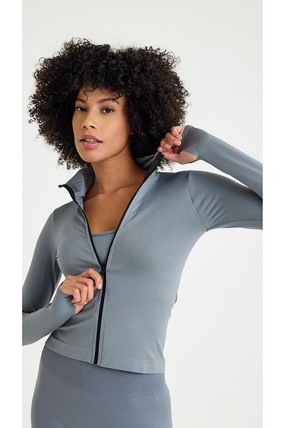 Tria Body 3-Piece Gray Seamless Finger Snap Detailed, Zippered, Sports Jacket (Tayt/Bra/Sports Jacket)