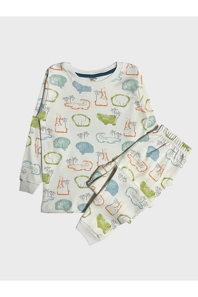 elmas kids Boy's 100% Cotton White Crocodile Elephant Giraffe Print Long Sleeve Pajamas Set