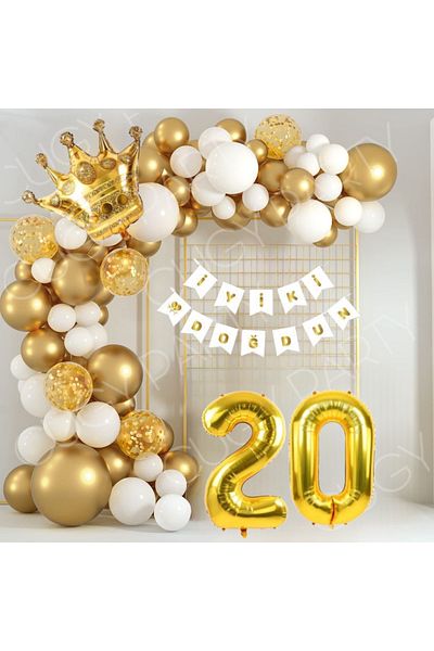 CUGY 20 Year Old Birthday Set Gold King Crowned Gold White Transparent Confeti Balloon Set