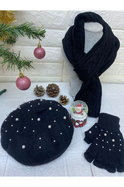 sema aksesuar New Year's Gift - French Painter with Black Pearls, Fingerless Gloves and Scarf 3-Piece Set