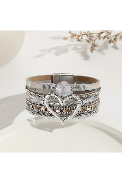GlassySKY Stylish Multi-Layer Bohemian Style Heart Faux Leather and Rhinestone Magnetic Closure Bracelet Love Affection Spouse Gift
