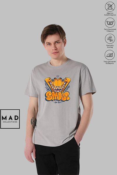New Shine MAD COLLECTION Unisex Oversize Crew λαιμόκοψη βαμβακερό GARFIELD SMILE εμπριμέ κοντομάνικο μπλουζάκι