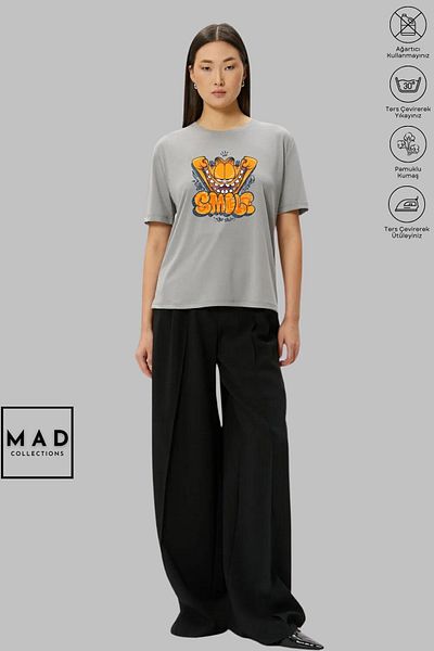 New Shine MAD COLLECTION Unisex Oversize Crew λαιμόκοψη βαμβακερό GARFIELD SMILE εμπριμέ κοντομάνικο μπλουζάκι