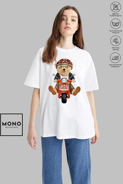 New Shine MONO COLLECTION Unisex Oversize Crew Neck Βαμβακερό Teddy εμπριμέ κοντομάνικο μπλουζάκι