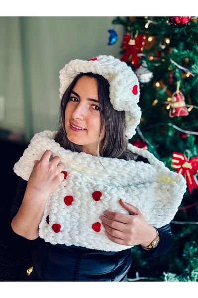 Meltem Buchet Model Modern Hat and Scarf Set - Cherry White Red Heart