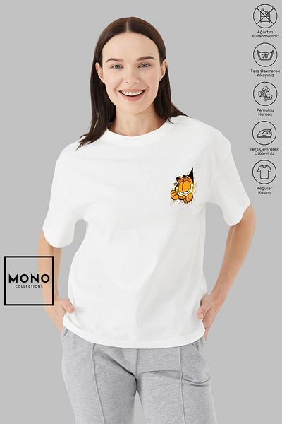 New Shine MONO COLLECTION Unisex Oversize Crew λαιμόκοψη βαμβακερό κοντομάνικο μπλουζάκι με στάμπα Garfield