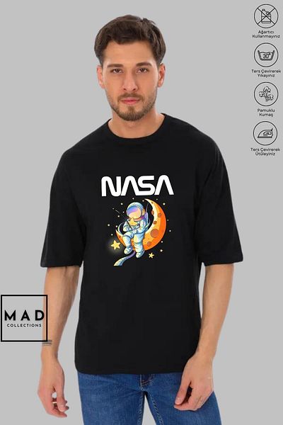 New Shine MAD COLLECTION Unisex Oversize Βαμβακερό μπλουζάκι με λαιμόκοψη NASA με κοντό μανίκι