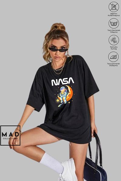 New Shine MAD COLLECTION Unisex Oversize Βαμβακερό μπλουζάκι με λαιμόκοψη NASA με κοντό μανίκι