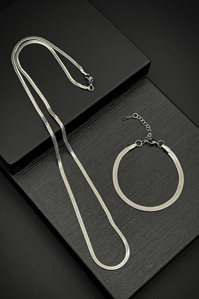 Doğaltaş Unisex Kararmaz Yassı Gümüş İtalyan Zinciri Çelik Bileklik + Kolye Seti