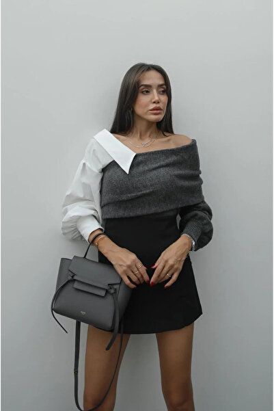 Nisantasimoda Kadın Gömlek Kol Detaylı Triko Kazak