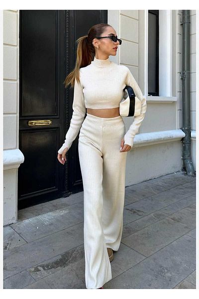 Fua Shop Μαύρο Half Fisherman Knit Crop πουλόβερ Παντελόνι Πλεκτό Σετ κάτω-κορυφή