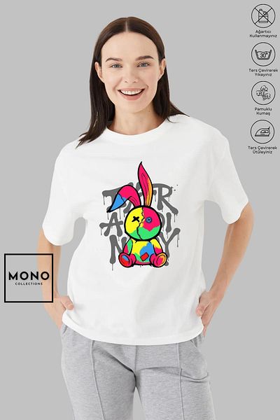 New Shine MONO COLLECTION Κοντομάνικο μπλουζάκι με στάμπα κουνελιού με βαμβακερή ραφή με λαιμόκοψη