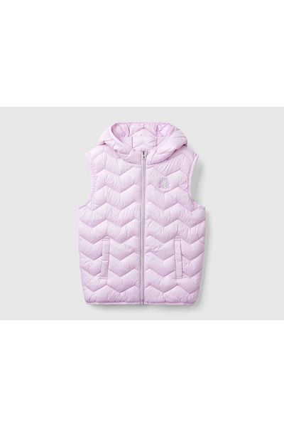 United Colors of Benetton Girl Lila Left Chest Logo Embroidered Side Pocketed Hooded Pufa Vest