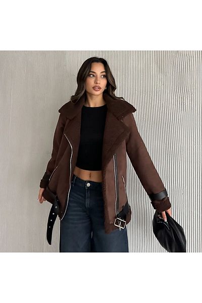 MyLook Palton lung de piele întoarsă cu curea cu blana