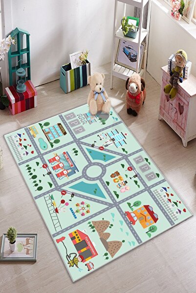 KARNAVAL HOME Yeşil Şehir Temalı Eğlenceli Yol Çocuk Odası Halısı