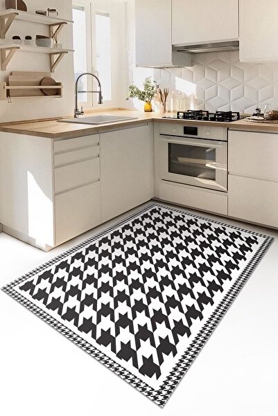 KARNAVAL HOME Siyah Beyaz Kazayağı Desenli Mutfak Halısı
