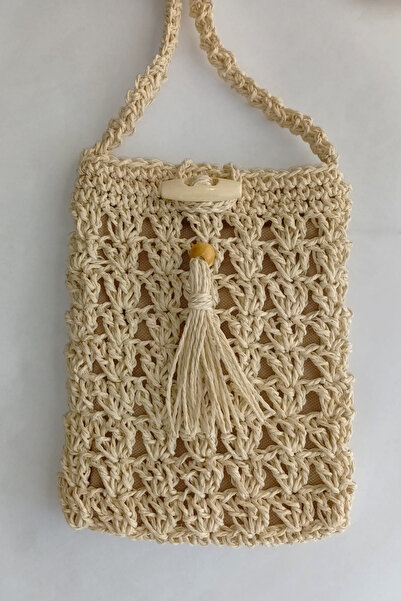 ZEYZON Hasır Telefon Çantası / Astarlı ve Ahşap Düğme Detaylı Hasır Rengi Örg...