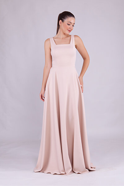 RURIS Kadın Krem Kare Yaka Kolsuz Maxi Boy Abiye Mezuniyet Elbisesi