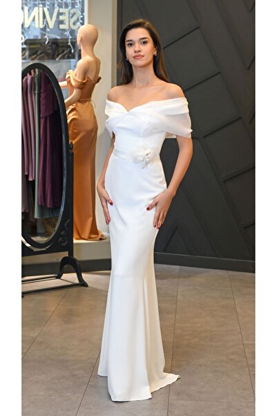 SevinçGüney Prenses Yaka Krep Uzun Abiye Elbise (Nişan ve/veya Nikah)