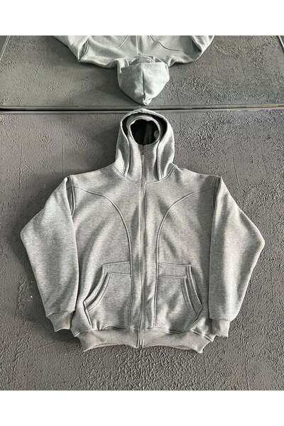 Gofeel 3 İplik Şardonlu Unisex Kar Maskeli Kapüşonlu Oversize Hırka
