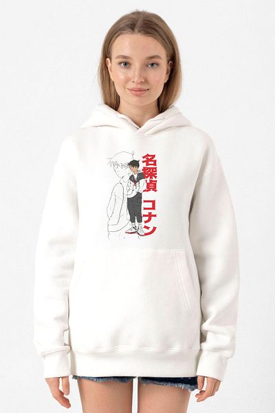 Tshirthane Detective Conan Anime - Shinichi Kudo White Hooded Women's Sweatshirt