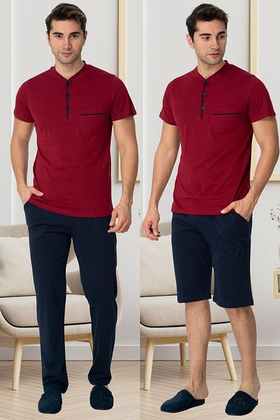 Mecit Pijama طقم بيجامة رجالي من Mecit 2769 باللون العنابي مقاس كبير مع شورت