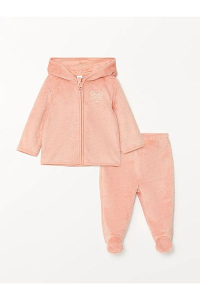 LC Waikiki Lcw Baby Coral Hooded Baby Girl Cardigan and Pants Set of 2